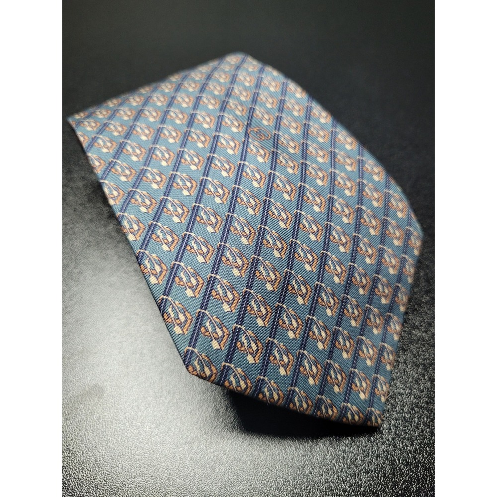 Gucci Men's Necktie Blue Geometric Stirrup 100% Silk 3.5" x 58" Excellent